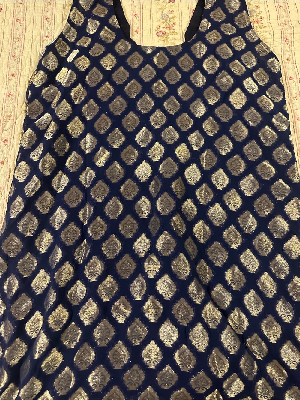 Handmade Ethnic Royal Blue Gold Beaded Indian Tunic Kurti Dress Top M/L Medium - Picture 7 of 8